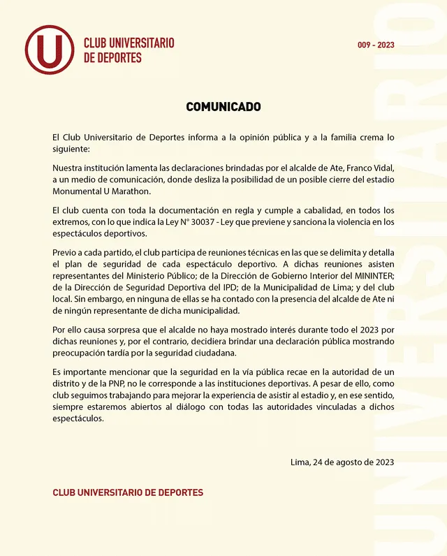 Comunicado de Universitario.<strong> Foto: Universitario</strong>   