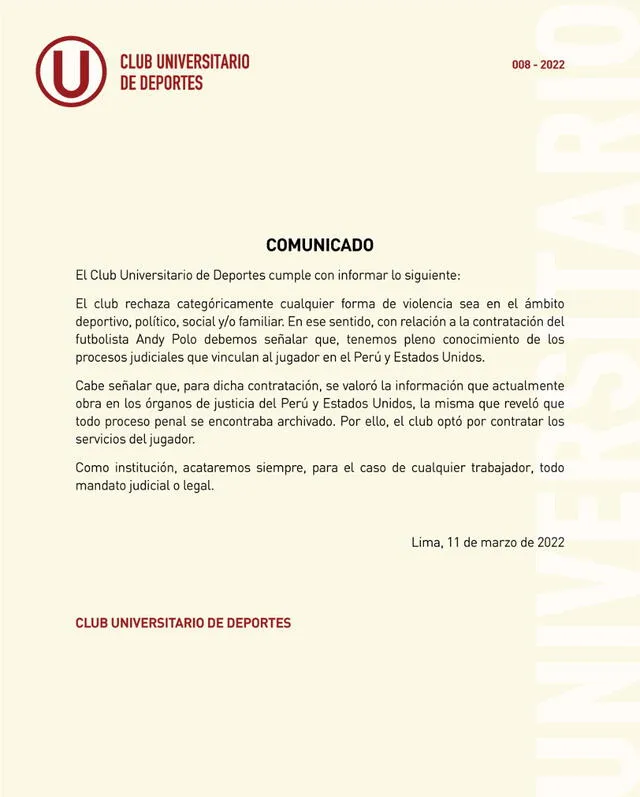 Comunicado de Universitario. Foto: Universitario