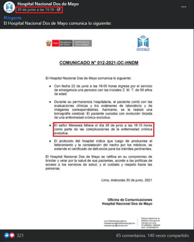 En sus redes sociales, el Hospital Nacional Dos de Mayo descartó que Sacaría falleciera por ataque físico. Foto: Captura Facebook. En sus redes sociales, el Hospital Nacional Dos de Mayo descartó que Sacaría falleciera por ataque físico. Foto: Captura Facebook.