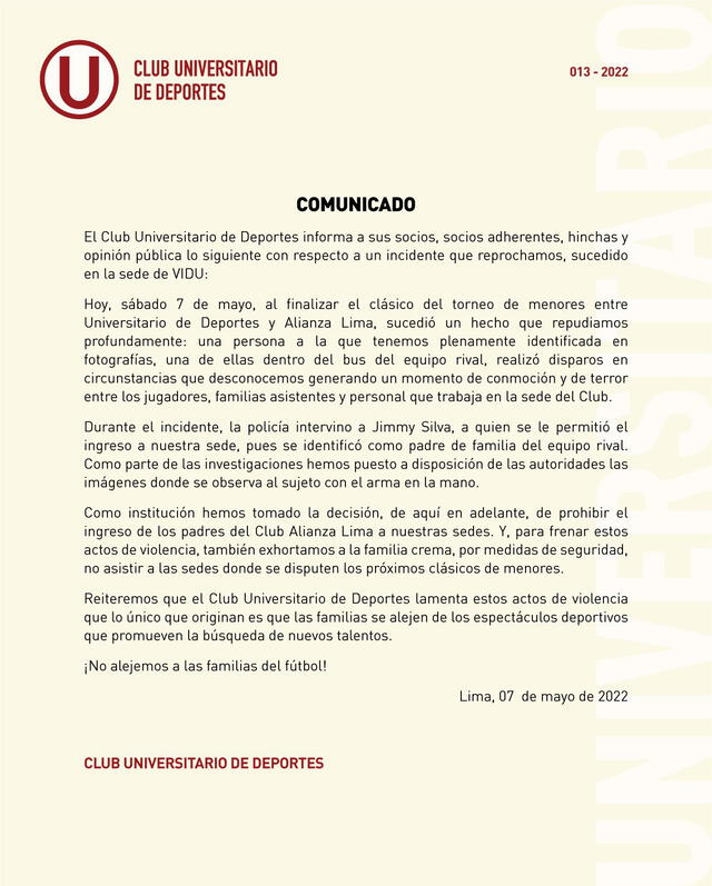 Comunicado de Universitario sobre lo sucedido en el clásico ante Alianza Lima de la categoría 2008. Foto: Universitario.