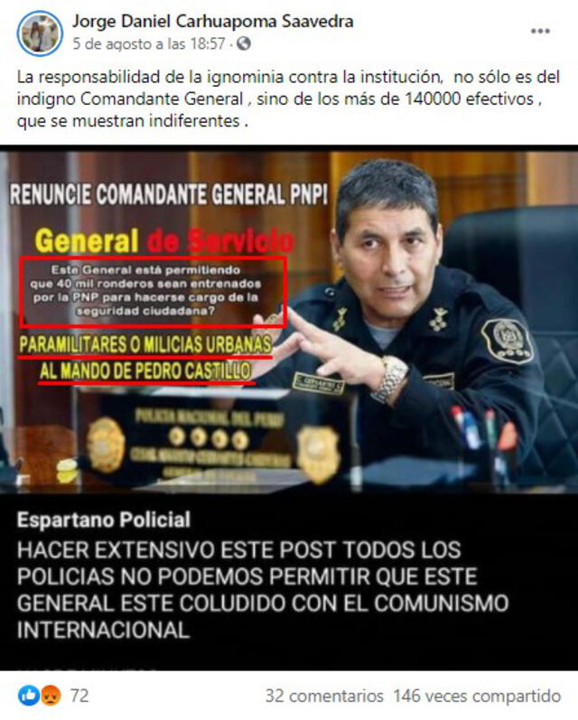 Imagen viralizada en Facebook que culpabiliza al general Cervantes de “permitir” el supuesto entrenamiento de 40.000 ronderos. FOTO: Captura de Facebook.