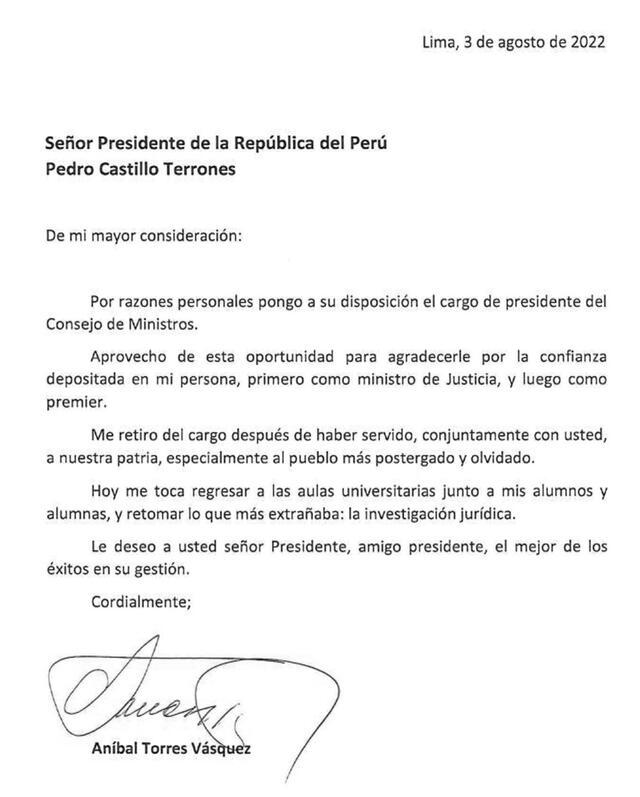 Carta de renuncia de Aníbal Torres