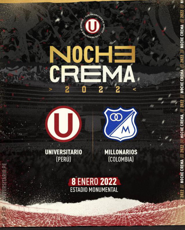 La noche crema se jugará este 8 enero del 2022 ante Millonarios. Foto: Universitario.
