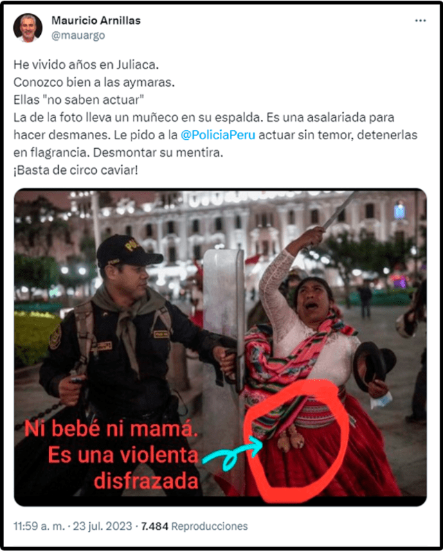  Publicación de Mauricio Arnillas en la que denigra y miente sobre manifestante. Foto: captura de Twitter    