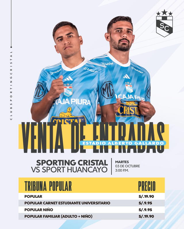  Precio de las entradas al partido contra Sport Huancayo. Foto: Sporting Cristal    