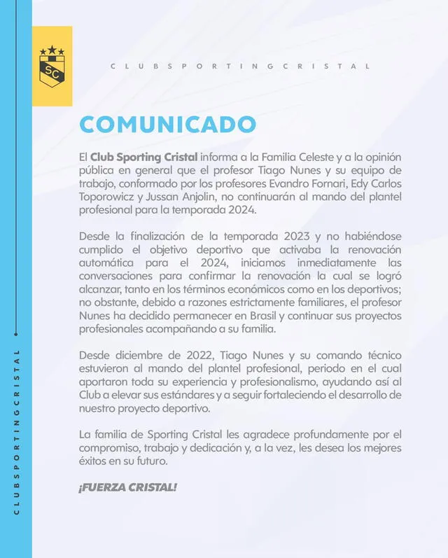Comunicado de Sporting Cristal sobre Tiago Nunes. Foto: Sporting Cristal   