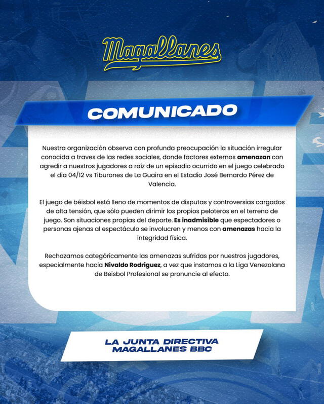 Este es el comunicado que emitieron los del Magallanes tras el incidente que involucra al padre de Ronald Acuña Jr contra Nivaldo Rodríguez. Foto: Navegantes del Magallanes/X  