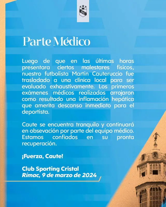 Parte médico de Martín Cauteruccio. Foto: Sporting Cristal   