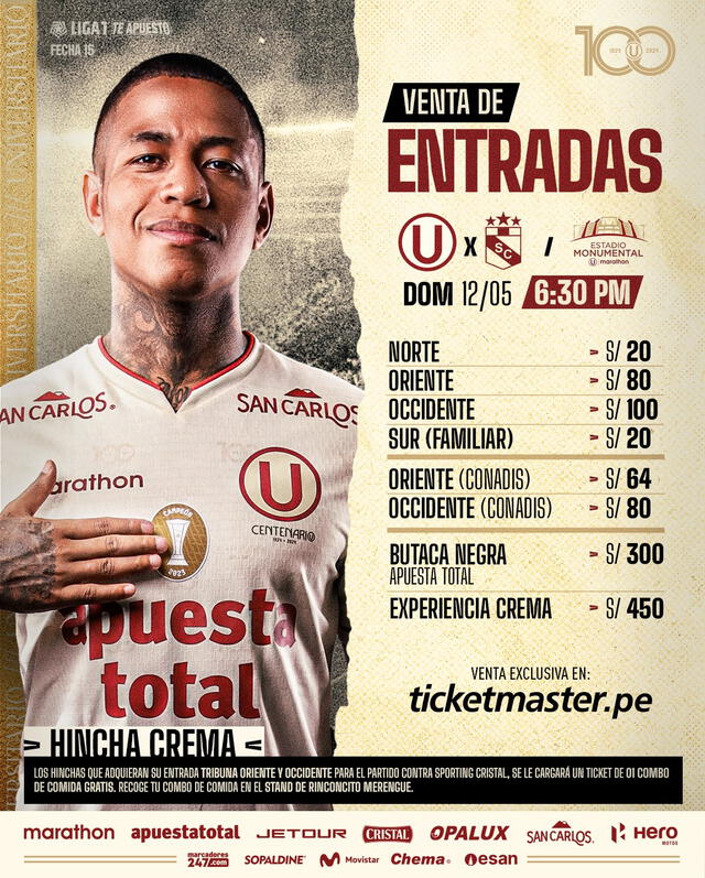 Precios de las entradas para el partido ante Sporting Cristal. Foto: Universitario   