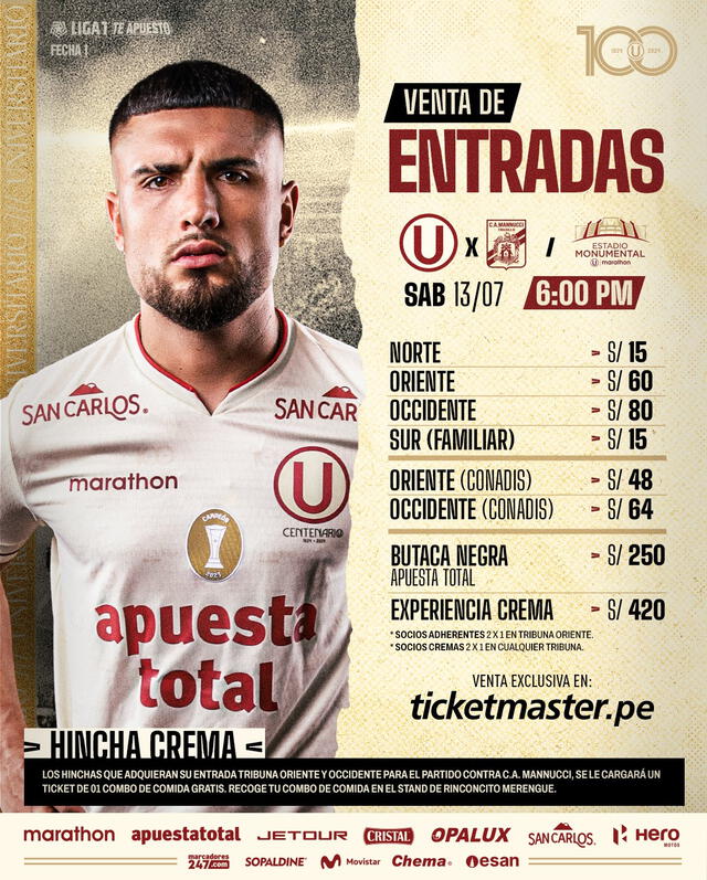 Precio de las entradas para el juego ante Mannucci. Foto: Universitario 