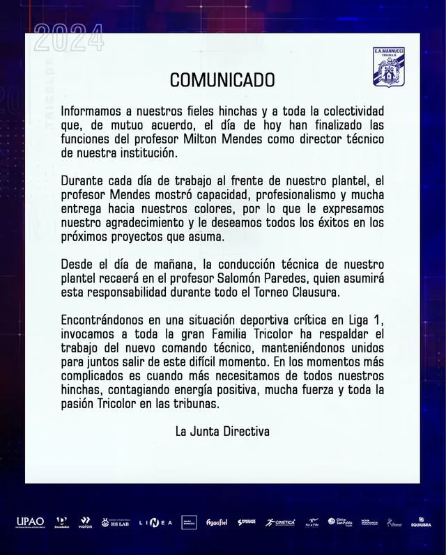 Comunicado de Carlos Mannucci sobre la salida de Milton Mendes. Foto: Carlos Mannucci   