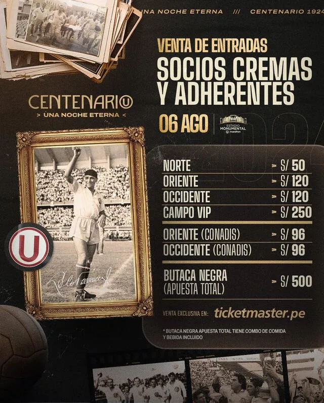 Precios de las entradas para asistir a la celebración por el centenario crema. Foto: Universitario   