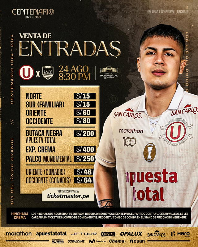 Entradas del Universitario vs. César Vallejo por el Torneo Clausura 2024. Foto: Universitario   