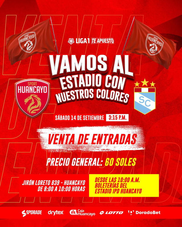 Precio de las entradas para el partido ante Sporting Cristal. Foto: Sport Huancayo 