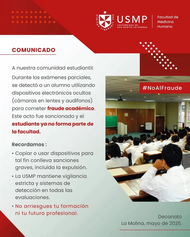 USMP anuncia que expulsaron a un alumno por copiar durante un examen parcial. Foto: USMP USMP anuncia que expulsaron a un alumno por copiar durante un examen parcial. Foto: USMP