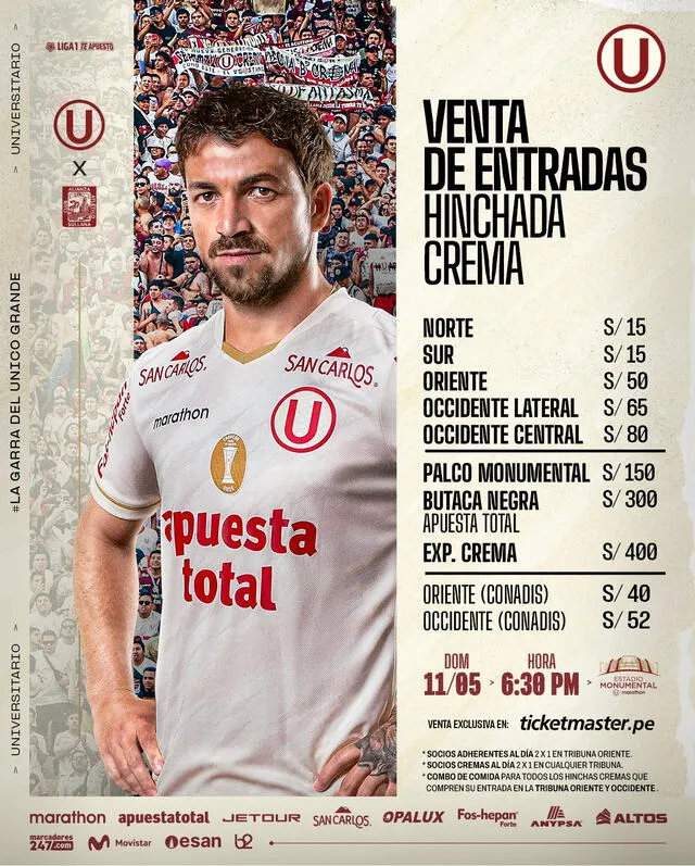 Precios de las entradas para el Universitario vs Alianza Atlético. Foto: Universitario Precios de las entradas para el Universitario vs Alianza Atlético. Foto: Universitario