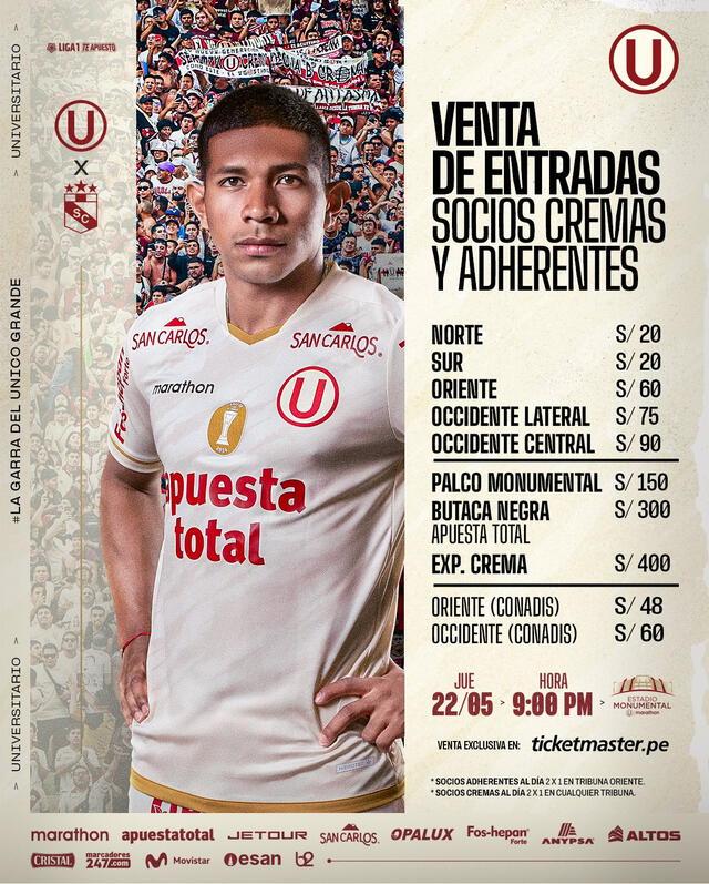 Precios de las entradas al partido contra Sporting Cristal. Foto: Universitario   