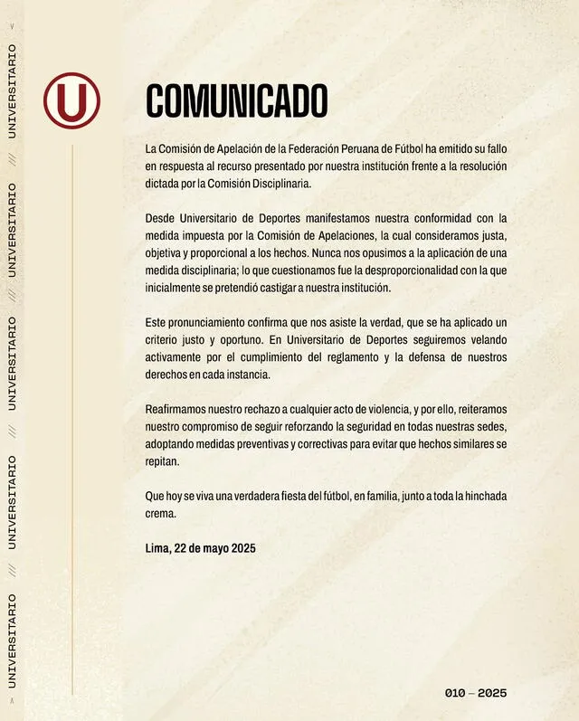 Comunicado del club crema. Foto: Universitario   