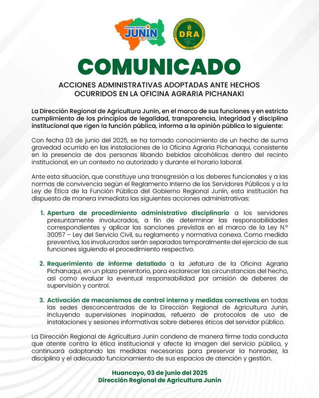 Comunicado de la Dirección Regional de Agricultura de Junín.   