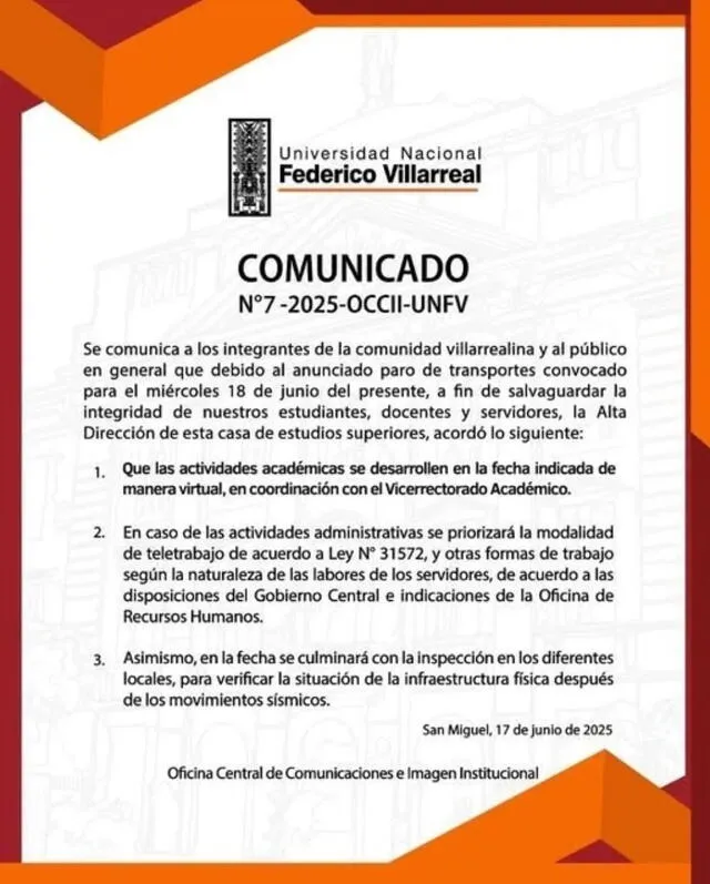  Comunicado de Universidad Nacional Federico Villarreal. Foto: difusión   