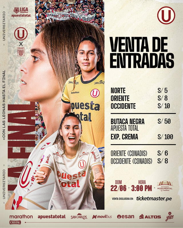 Precio de las entradas para el partido ante Alianza Lima. Foto: Fútbol Femenino de Universitario Precio de las entradas para el partido ante Alianza Lima. Foto: Fútbol Femenino de Universitario