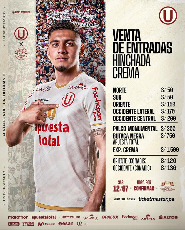 Precio de las entradas para el partido ante Los Chankas. Foto: Universitario Precio de las entradas para el partido ante Los Chankas. Foto: Universitario