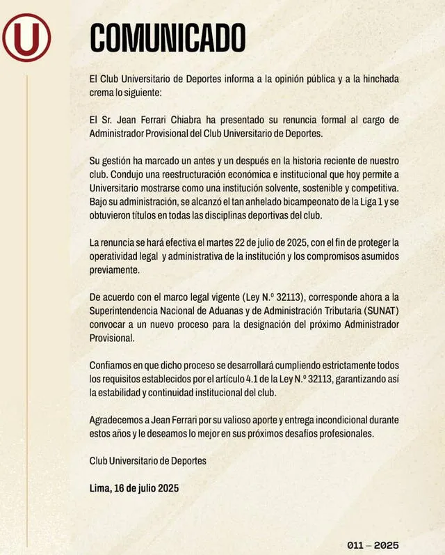 Comunicado oficial sobre la salida de Jean Ferrari. Foto: Universitario   