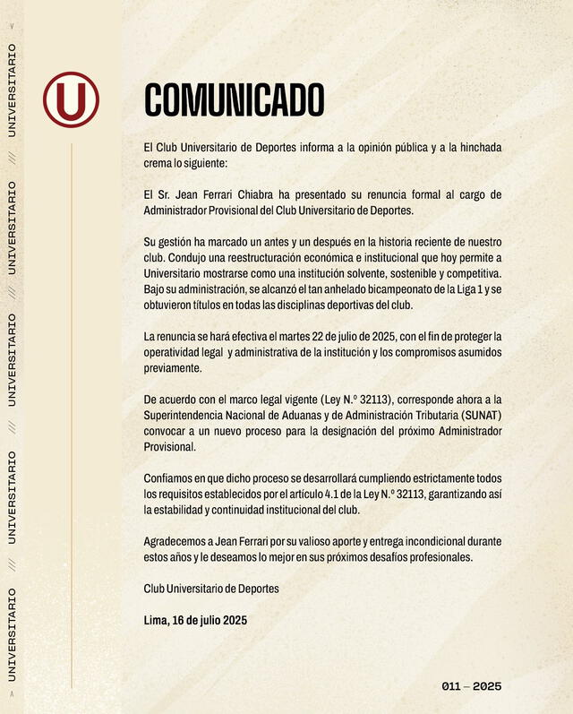 Universitario publicó el comunicado oficial sobre la salida de Jean Ferrari. Foto: Universitario    
