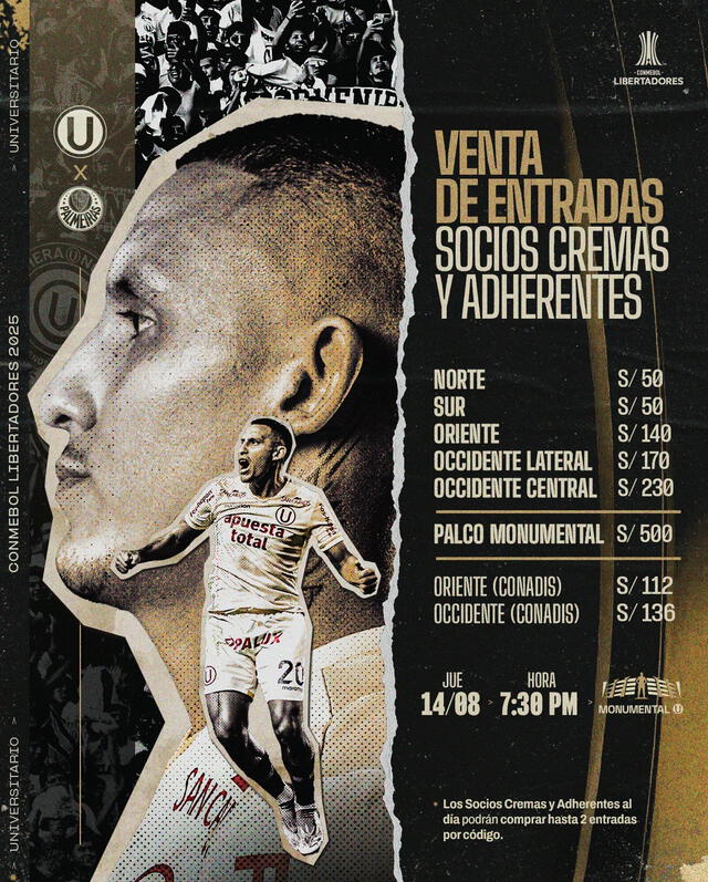 Lista de precios de Universitario vs Palmeiras. Foto: vía X Lista de precios de Universitario vs Palmeiras. Foto: vía X