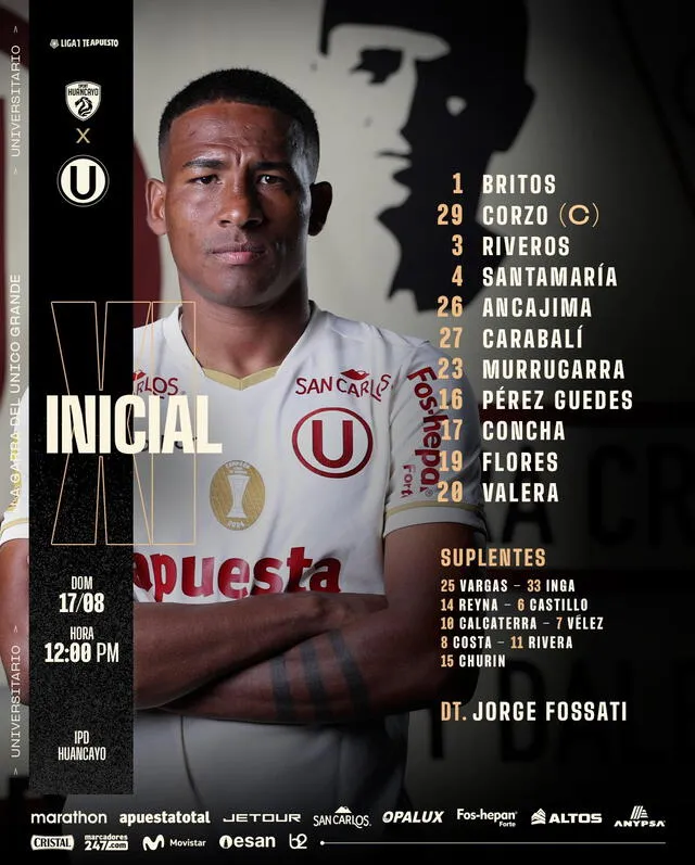 Once titular de la 'U'. Foto: Universitario Once titular de la 'U'. Foto: Universitario