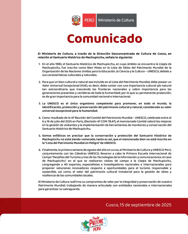 Comunicado del Ministerio de Cultura. Foto: X   