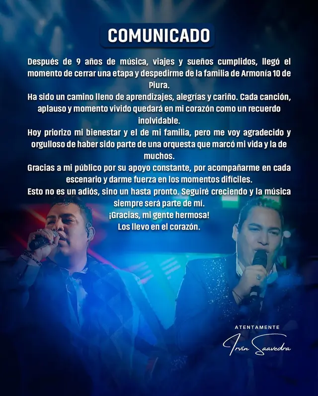 Irvin Saavedra se despidió de Armonía 10: "Esto no es un adiós, sino un hasta pronto". Foto: Facebook/Irvin Saavedra   