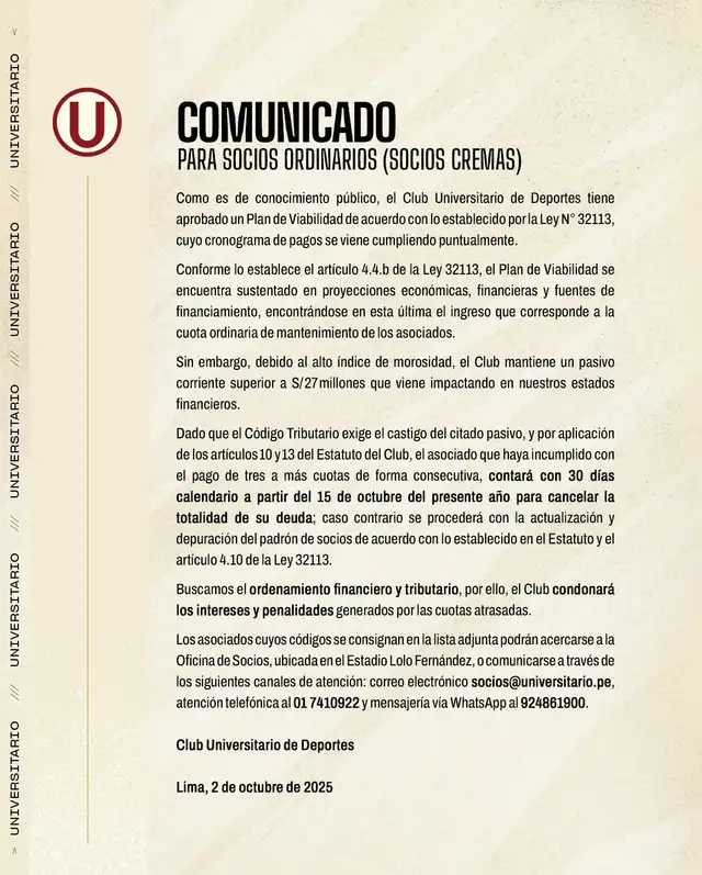 Comunicado oficial de Universitario para los socios ordinarios. Foto: Universitario 