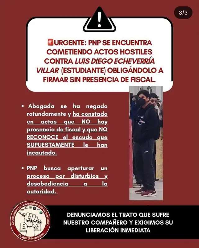 Denuncian que PNP se encuentra realizando actos hostiles contra el estudiante   