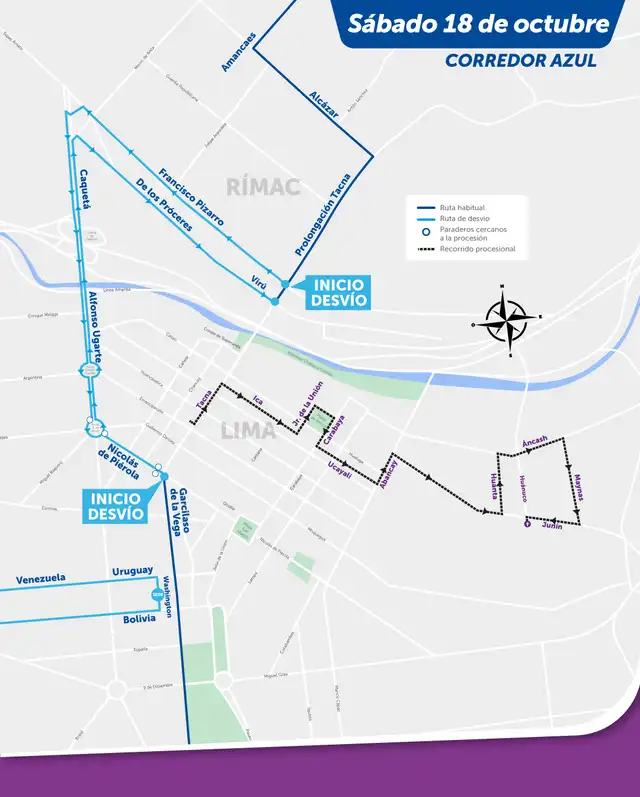 Desvío del Corredor Azul para este 18 de octubre. Foto: ATU Desvío del Corredor Azul para este 18 de octubre. Foto: ATU