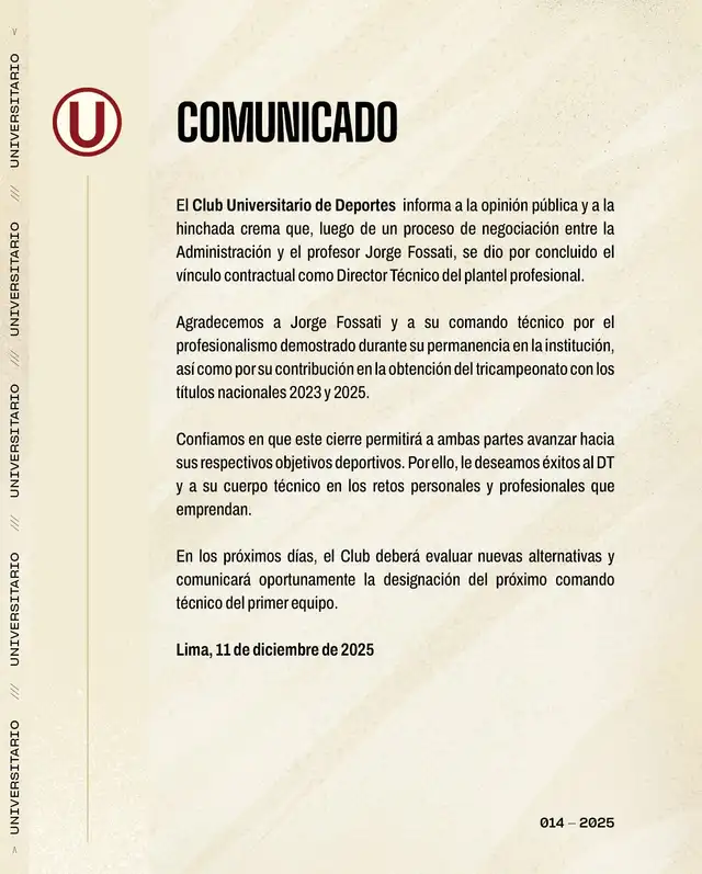 Comunicado de Universitario sobre Jorge Fossati. Foto: Universitario   