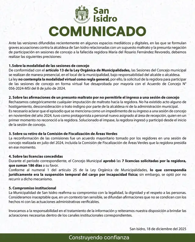 Comunicado de la municipalidad de San Isidro   