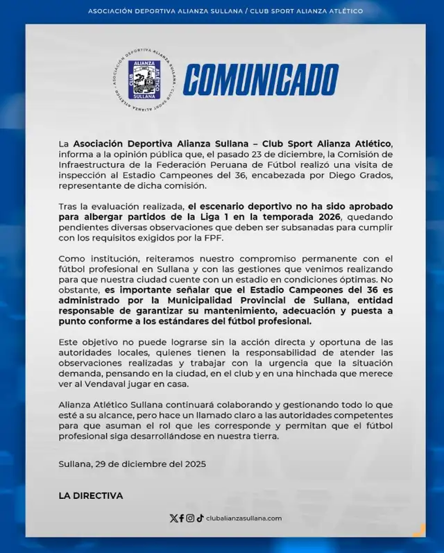 Comunicado de Alianza Atlético. Foto: vía Facebook   