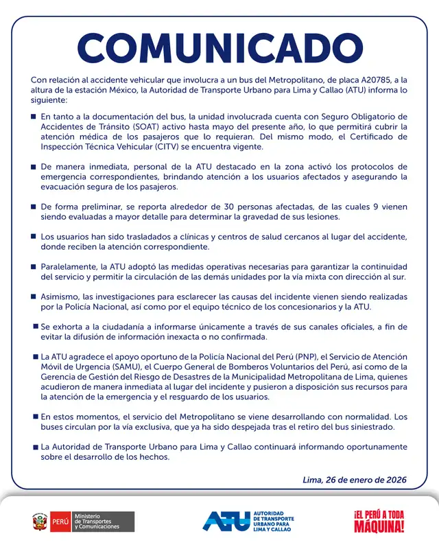 Comunicado de ATU sobre el incidente. Foto: X   