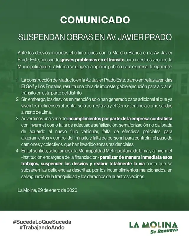  Municipalidad de La Molina exige supensión de obras en la Javier Prado.   