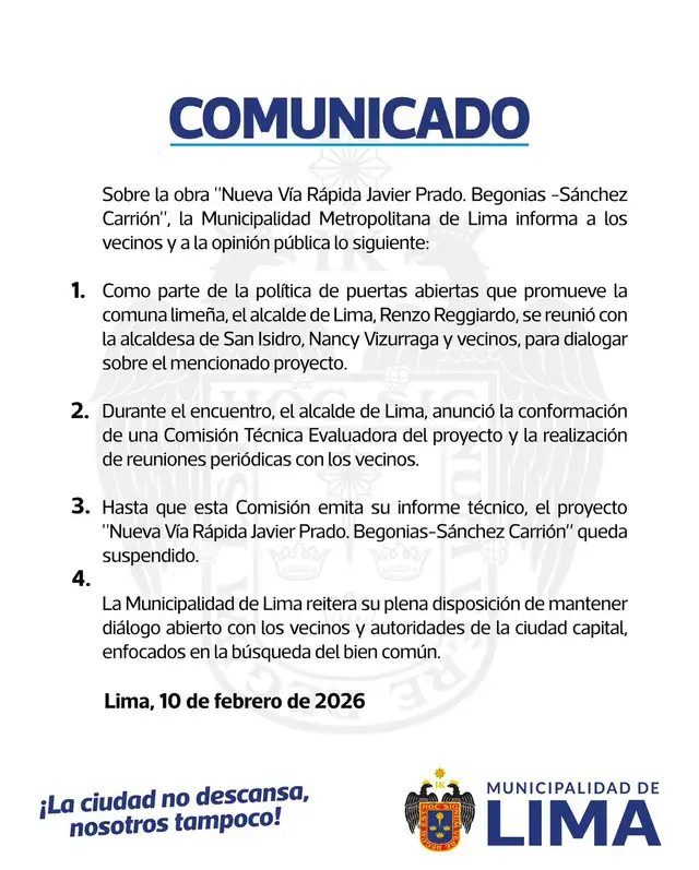 Comunicado sobre la suspensión de la obra. Foto: MML   