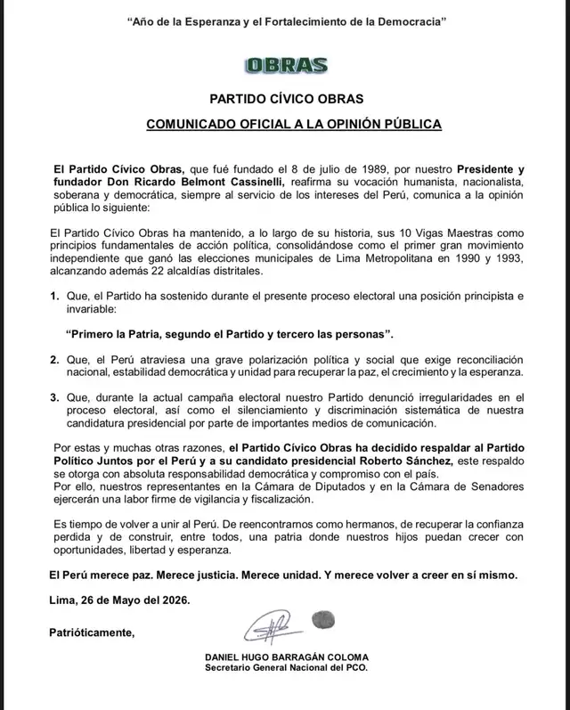 Comunicado del partido de Ricardo Belmont, Cívico Obras Comunicado del partido de Ricardo Belmont, Cívico Obras