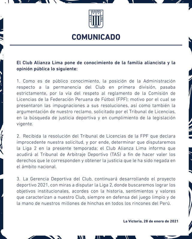 Comunicado del club blanquiazul. Foto: Alianza Lima