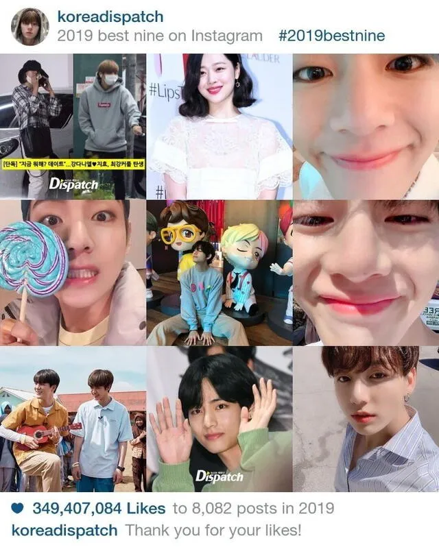 5 fotos de Kim Tae Hyung resultaron en entre las 9 más gustadas en la cuenta de Korea Dispatch.