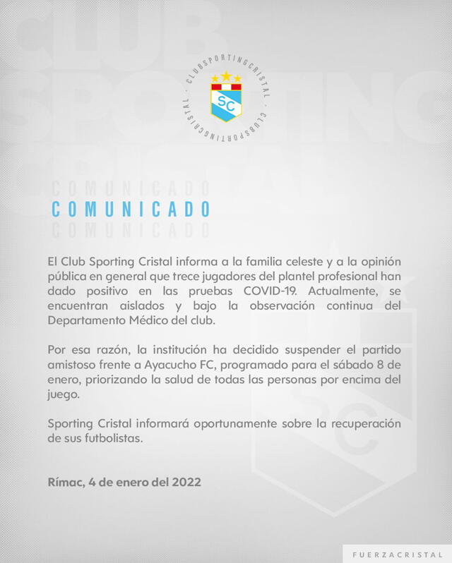 Comunicado de Sporting Cristal. Foto: Sporting Cristal