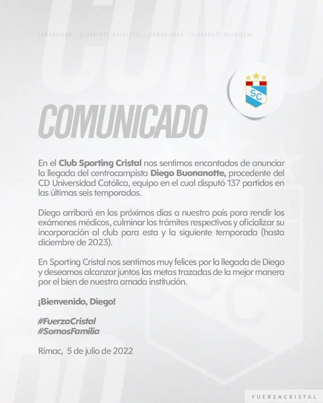 Comunicado de Sporting Cristal sobre Diego Buonanotte. Foto: Twitter
