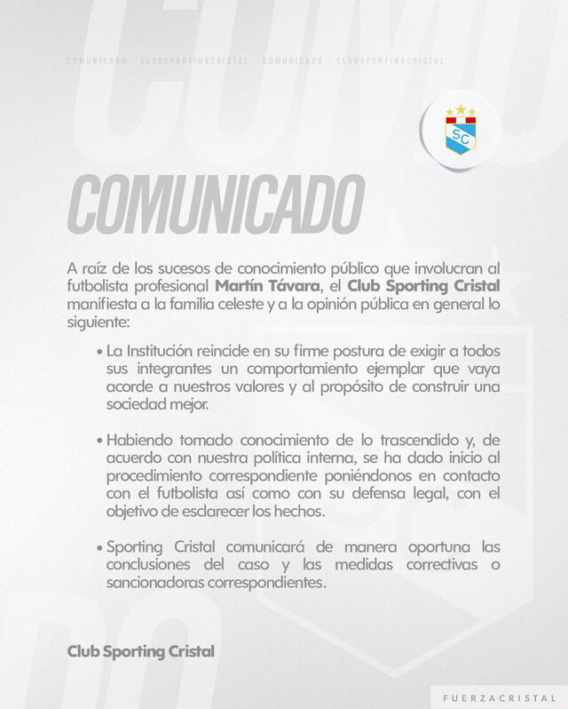 Comunicado del club celeste sobre Martín Távara. Foto: Sporting Cristal