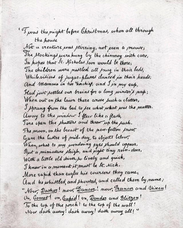 Fragmento del poema 'A visit from St. Nicholas', que menciona a los renos de Papá Noel. Foto: New York Historical Society