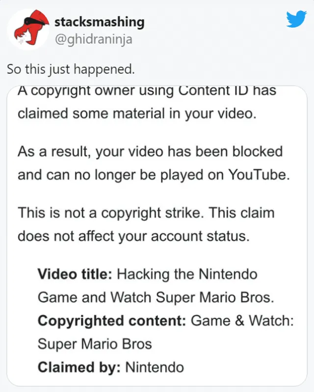 Mensaje que stacksmashing recibió de YouTube, donde se confirma que la queja fue hecha directamente por Nintendo. Foto: Twitter/ghidraninja