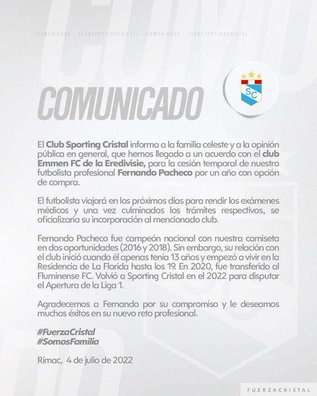 Comunicado de Sporting Cristal. Foto: Sporting Cristal